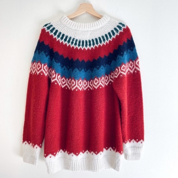 The Alpaca Connection Peruvian Fair Isle Knit Jumper Sweater In Red,Cream, Blue - Picture 2 of 8